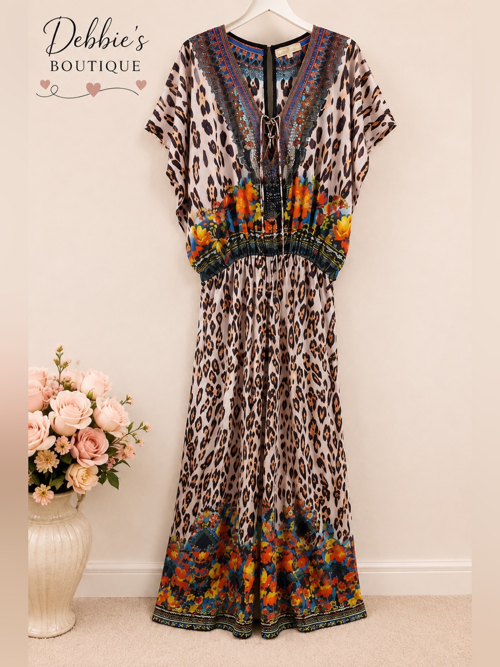 True Colours La Moda Leopard Floral Boho Sequin Beaded Jumpsuit L/XL